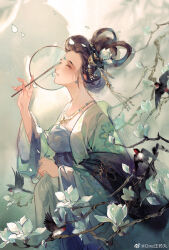 Rule 34 | 1girl, barn swallow, bird, black hair, branch, check copyright, chinese clothes, chinese commentary, closed eyes, commentary request, copyright request, dress, earrings, eyelashes, eyeshadow, facial mark, floral print, flower, forehead mark, hair bun, hair ornament, hair rings, hand fan, hanfu, highres, holding, holding fan, jacket, jewelry, light blush, long sleeves, makeup, necklace, one wang yaowan, open clothes, open robe, original, outdoors, parted lips, petals, purple dress, purple sash, red eyeshadow, robe, sash, see-through, see-through jacket, short hair, single hair bun, sleeveless, sleeveless dress, solo, sphere earrings, swallow (bird), tassel, tassel hair ornament, tuanshan, upper body, weibo logo, weibo watermark, white background, white flower, white robe, wide sleeves
