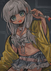 Rule 34 | 1girl, :d, bad id, bad pixiv id, bikini, bikini under clothes, blue eyes, blunt bangs, blush, breasts, cleavage, collarbone, danganronpa (series), danganronpa v3: killing harmony, dark-skinned female, dark skin, frilled skirt, frills, highres, holding, jacket, jewelry, kara aren, long hair, looking at viewer, low twintails, necklace, off shoulder, open mouth, paintbrush, skirt, smile, solo, swimsuit, twintails, yellow jacket, yonaga angie