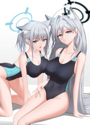 Rule 34 | 1girl, absurdres, animal ear fluff, animal ears, asymmetrical docking, black halo, black one-piece swimsuit, blue archive, blue eyes, blue halo, breast press, breasts, broken halo, cleavage, competition swimsuit, covered navel, cross, cross hair ornament, dark halo, diamond-shaped pupils, diamond (shape), epitaph (ryaf8834), extra ears, grey hair, hair between eyes, hair ornament, halo, highleg, highleg swimsuit, highres, inverted cross, large breasts, long hair, looking at viewer, low ponytail, medium hair, mismatched pupils, multicolored clothes, multicolored swimsuit, official alternate costume, one-piece swimsuit, shiroko (blue archive), shiroko (swimsuit) (blue archive), shiroko terror (blue archive), swimsuit, symbol-shaped pupils, two-tone swimsuit, wolf ears, wolf girl