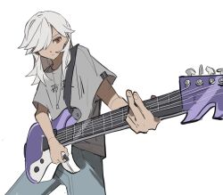 Rule 34 | 1boy, a rima77, alternate costume, closed mouth, clothes writing, cyno (genshin impact), dark-skinned male, dark skin, electric guitar, genshin impact, guitar, hair over one eye, highres, holding, holding instrument, holding plectrum, instrument, jewelry, long hair, male focus, music, necklace, pants, playing instrument, plectrum, red eyes, shirt, short sleeves, simple background, t-shirt, white background, white hair