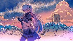 1girl absurdres ak-alfa_(girls&#039;_frontline) blush closed_mouth commentary constellation english_commentary girls&#039;_frontline girls&#039;_frontline_2:_exilium highres long_hair looking_at_viewer nemojona observatory orange_eyes outdoors own_hands_together sky solo tololo_(girls&#039;_frontline_2) white_hair