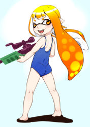 Rule 34 | 1girl, ass, bare arms, bare legs, bare shoulders, blush, child, domino mask, from behind, full body, gun, highres, holding, holding weapon, inkling player character, j7w, legs apart, long hair, looking at viewer, looking back, mask, nintendo, one-piece swimsuit, pointy ears, rifle, sharp teeth, simple background, sniper rifle, splatoon (series), splatoon 1, standing, swimsuit, teeth, tentacle hair, weapon, white background