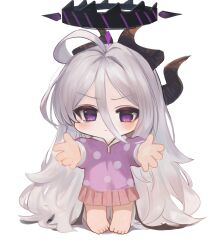 Rule 34 | 1girl, absurdres, ahoge, barefoot, black wings, blue archive, blush, chibi, closed mouth, commentary request, dokomon, full body, grey hair, hair between eyes, halo, highres, hina (blue archive), hina (pajamas) (blue archive), horns, long hair, long sleeves, looking at viewer, low wings, outstretched arm, pink skirt, pleated skirt, polka dot, polka dot shirt, puffy long sleeves, puffy sleeves, purple eyes, purple shirt, shadow, shirt, simple background, skirt, solo, standing, tears, v-shaped eyebrows, very long hair, white background, wings