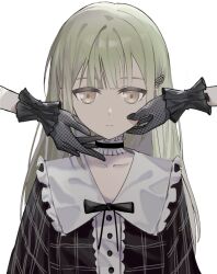 Rule 34 | 2girls, anli (jwcpp4sum0mgk5r), bang dream!, bang dream! it&#039;s mygo!!!!!, black choker, black dress, black gloves, chinese commentary, choker, collarbone, commentary request, dress, expressionless, frilled choker, frills, gloves, green hair, hair ornament, hairclip, hand on another&#039;s cheek, hand on another&#039;s face, long hair, looking at viewer, multiple girls, sidelocks, simple background, togawa sakiko, upper body, wakaba mutsumi, white background, yellow eyes
