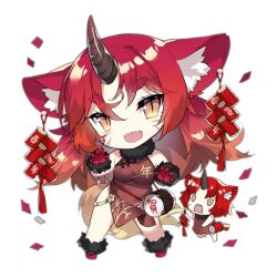 Rule 34 | 2girls, :d, animal ear request, animal ears, artist request, blush, blush stickers, brown dress, chibi, china dress, chinese clothes, claw pose, confetti, dragon print, dress, drum, facial mark, fairy (girls&#039; frontline), firecrackers, full body, fur-trimmed collar, fur-trimmed footwear, fur-trimmed gloves, fur trim, girls&#039; frontline, gloves, hair between eyes, horns, instrument, long hair, looking at viewer, multiple girls, official art, open mouth, print dress, red footwear, red gloves, red hair, sharp teeth, simple background, single horn, slit pupils, smile, standing, tail, teeth, thick eyebrows, third-party source, translation request, transparent background, upper teeth only, v-shaped eyes, yellow eyes, zodiac fairy (girls&#039; frontline)