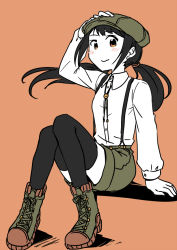 Rule 34 | 1girl, adjusting clothes, adjusting headwear, arm at side, black hair, black thighhighs, blouse, blush, boots, breasts, brown eyes, combat boots, eyelashes, female focus, floating hair, full body, green headwear, green shorts, hand on own head, happy, idolmaster, idolmaster cinderella girls, knees together feet apart, legs, long hair, long sleeves, long twintails, looking at viewer, low twintails, nakano yuka, namco, neck, on floor, orange background, partially colored, shinkai kiiro, shirt, shorts, side bangs, sidelocks, simple background, sitting, small breasts, smile, solo, thighhighs, thighs, twintails, two-tone footwear, very long hair, white shirt, wind, wind lift