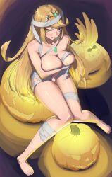 Rule 34 | 1girl, bandages, blonde hair, breasts, halloween, highres, large breasts, monoi daru, mummy, mummy costume, mythra (xenoblade), pumpkin, solo, xenoblade chronicles (series), xenoblade chronicles 2, yellow eyes