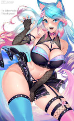 Rule 34 | 1girl, animal ear fluff, animal ears, artist name, ass, blue eyes, blue hair, blue nails, breasts, choker, claw pose, commission, fangs, flower, garter straps, gluteal fold, highres, large breasts, long hair, multicolored hair, nail polish, no panties, open mouth, pink hair, pink nails, sanuki (kyoudashya), silvervale, silvervale (4th costume), skirt, solo, tail, thick thighs, thighhighs, thighs, virtual youtuber, vshojo, wide hips, wolf ears, wolf girl, wolf tail