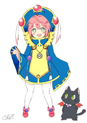 Rule 34 | 1girl, :d, ahoge, animal, black cat, blue dress, blue headwear, blush, cat, chita (ketchup), commentary request, dress, full body, green eyes, hair between eyes, highres, long sleeves, looking at viewer, open mouth, original, pink hair, red footwear, shoes, signature, simple background, sleeves past fingers, sleeves past wrists, smile, solo, standing, thighhighs, white background, white thighhighs, wide sleeves