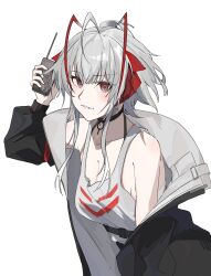 Rule 34 | 1girl, adesu (gekkahyouzin), ahoge, antenna hair, arknights, arm up, bare shoulders, black choker, black coat, breasts, brown eyes, choker, cleavage, coat, collarbone, commentary request, detonator, grey coat, grey hair, grey tank top, highres, holding, holding detonator, long sleeves, looking at viewer, medium breasts, multicolored hair, off shoulder, parted lips, red hair, short hair with long locks, simple background, smile, solo, streaked hair, tank top, two-sided coat, two-sided fabric, upper body, w (arknights), white background