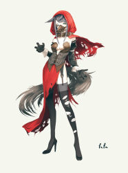 Rule 34 | 1girl, animal ears, aqua eyes, bare shoulders, beige background, black footwear, black gloves, brown collar, capelet, collar, collarbone, corset, fufu (fufuichi04), garter straps, gloves, grey hair, grey thighhighs, high heels, highres, hood, hood up, little red riding hood, little red riding hood (grimm), long hair, muzzle, original, pantyhose, red capelet, signature, simple background, single thighhigh, solo, standing, tail, thighhighs, torn, torn capelet, torn clothes, torn legwear, wolf ears, wolf girl, wolf tail