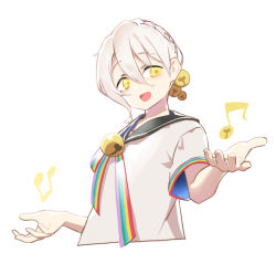 Rule 34 | 1boy, bad id, bad twitter id, beamed eighth notes, bell, black sailor collar, commentary, cropped torso, eighth note, hair bell, hair ornament, iori yuzuru, male focus, musical note, neck bell, neck ribbon, open mouth, outstretched arms, rainbow, ribbon, rsk (tbhono), sailor collar, shirt, short sleeves, sideways glance, simple background, smile, solo, upper body, voiceroid, white background, white hair, white shirt, yellow eyes