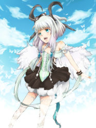 Rule 34 | 1girl, :d, blue eyes, blue hair, dragon girl, dragon horns, dress, harvest moon, highres, horns, matching hair/eyes, open mouth, otkmk, rune factory, rune factory 4, smile, solo, syelzaweed, thighhighs, twintails, white thighhighs