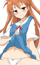 Rule 34 | 1girl, blue eyes, breasts, brown hair, cameltoe, clothes lift, grin, legs apart, lifting own clothes, long hair, looking at viewer, micro panties, momio, naughty face, navel, neon genesis evangelion, out of frame, panties, school uniform, simple background, skirt, skirt lift, smile, solo, souryuu asuka langley, suspender skirt, suspenders, thong, tokyo-3 middle school uniform, twintails, underwear, white panties, wide hips