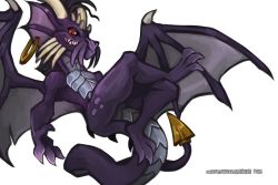 Rule 34 | 2018, commentary, darigan neopet, defiant drills, dragon, draik, english commentary, looking at viewer, neopets, no humans, purple theme, red eyes, sharp teeth, simple background, teeth, tumblr username, white background, wings