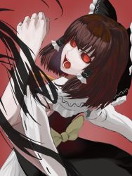 Rule 34 | 1girl, black bow, black dress, black sclera, bow, brown hair, clenched hand, colored sclera, commentary request, cookie (touhou), cowboy shot, detached sleeves, dress, gradient dress, hair bow, hakurei reimu, highres, johnnyyyyy, kanna (cookie), looking at viewer, medium hair, open mouth, red background, red dress, red eyes, simple background, solo, touhou, two-tone dress, white sleeves, yellow bow