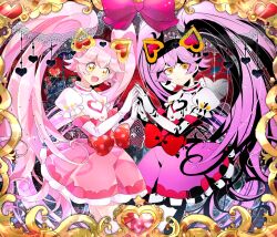 Rule 34 | 2girls, :d, alkali rettousei (vocaloid), bow, commentary request, cowboy shot, dress, elbow gloves, frills, from side, fuji den fujiko, gloves, hair ornament, heart, heart hair ornament, holding hands, long hair, looking at viewer, multiple girls, open mouth, pink dress, pink hair, red bow, ririka (#compass), smile, standing, twintails, very long hair, vocaloid, yellow eyes