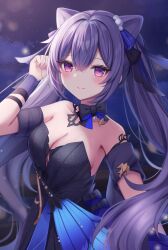 Rule 34 | 1girl, absurdres, bare shoulders, blue dress, blush, breasts, cleavage, closed mouth, collarbone, crossed bangs, double bun, dress, genshin impact, hair bun, hair ornament, hand up, highres, keqing (genshin impact), keqing (opulent splendor) (genshin impact), komari mhy, large breasts, long hair, looking at viewer, official alternate costume, outdoors, purple eyes, purple hair, smile, solo, twintails