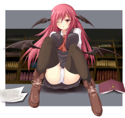Rule 34 | 1girl, bad id, bad pixiv id, bat wings, black thighhighs, blush, book, bookshelf, breasts, efe, embodiment of scarlet devil, face, female focus, head wings, koakuma, large breasts, leaning back, library, long hair, necktie, panties, pantyshot, red eyes, red hair, solo, thighhighs, touhou, underwear, voile, white thighhighs, wince, wings