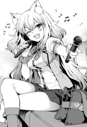 Rule 34 | 1girl, ;d, animal ear fluff, animal ears, bag, bow, bowtie, breasts, crossed legs, fate/grand order, fate (series), hanabana tsubomi, holding, holding microphone, homurahara academy school uniform, karaoke, long hair, looking at viewer, medium breasts, microphone, musical note, one eye closed, open clothes, open mouth, open vest, school bag, school uniform, short sleeves, simple background, sitting, skirt, smile, solo, suzuka gozen (fate), teeth, upper teeth only, vest