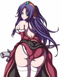 Rule 34 | 1girl, angela (seiken densetsu 3), ass, bad id, bad pixiv id, from behind, kojirou (sion), leaf, leotard, long hair, looking back, pointy ears, purple hair, red leotard, seiken densetsu, seiken densetsu 3, simple background, sion kozi, solo, square enix, staff, white background