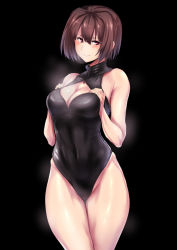 Rule 34 | 10s, 1girl, black background, blush, breasts, brown eyes, brown hair, cleavage, cleavage cutout, clothing cutout, competition swimsuit, female focus, front zipper swimsuit, hyuuga (kancolle), kantai collection, large breasts, meme attire, one-piece swimsuit, short hair, smile, solo, steam, swimsuit, ulrich (tagaragakuin)