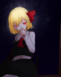 Rule 34 | 1girl, ascot, black skirt, black vest, blonde hair, blood, commentary request, dress shirt, frilled shirt, frilled shirt collar, frilled skirt, frills, hair ribbon, hand to own mouth, kameyan, long sleeves, looking down, night, red ascot, red eyes, red ribbon, ribbon, rumia, shirt, short hair, skirt, sky, slit pupils, solo, star (sky), starry sky, touhou, vest, white shirt