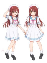 Rule 34 | 2girls, arm up, black footwear, blush, breasts, brown eyes, brown hair, closed mouth, collarbone, dot nose, dress, full body, hair between eyes, hand on headwear, hat, hat ribbon, highres, idolmaster, idolmaster shiny colors, loafers, long hair, looking at viewer, medium breasts, multiple girls, neck ribbon, open mouth, oq, osaki amana, osaki tenka, pink ribbon, ribbon, shoes, short sleeves, siblings, signature, simple background, sisters, smile, socks, standing, swept bangs, teeth, twins, upper teeth only, white background, white dress, white headwear, white socks