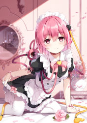 Rule 34 | 1girl, apron, black dress, blush, clothes lift, commentary, dress, dress lift, feet out of frame, flower, frilled apron, frilled dress, frills, hair between eyes, hair ornament, heart, heart hair ornament, indoors, kneeling, komeiji koishi, komeiji satori, lifted by self, looking at viewer, maid, maid apron, maid headdress, mirror, miyase mahiro, petals, picture frame, pink eyes, pink flower, pink hair, pink ribbon, pink rose, puffy short sleeves, puffy sleeves, ribbon, rose, rose petals, short hair, short sleeves, smile, solo, thighhighs, thighs, touhou, vase, white apron, white frills, white thighhighs, wrist ribbon