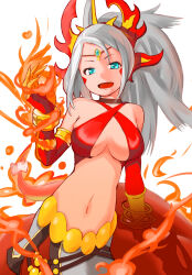 Rule 34 | 1girl, blue eyes, breasts, cleavage, echidna (p&amp;d), fire, highres, lamia, large breasts, midriff, monster girl, navel, ponytail, puzzle &amp; dragons, solo, white hair