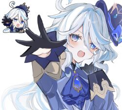 Rule 34 | 1girl, ahoge, arm up, ascot, asymmetrical gloves, black gloves, black shirt, blue ascot, blue eyes, blue gemstone, blue hat, blue jacket, blush, bow, commentary request, drop-shaped pupils, eyelashes, furina (genshin impact), gem, genshin impact, genshin impact sticker redraw (meme), gloves, gold trim, hand on own face, hand up, hat, hat bow, hat ornament, heterochromia, highres, hisui (xztw), jacket, long sleeves, looking afar, meme, mismatched gloves, mismatched pupils, open mouth, purple bow, shirt, simple background, solo, standing, symbol-shaped pupils, top hat, upper body, v-shaped eyebrows, white background, white gloves