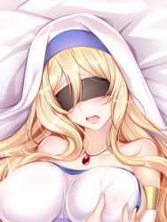 Rule 34 | 1girl, bakugadou, black blindfold, blindfold, blonde hair, blush, breasts, breasts apart, collarbone, commentary request, dress, goblin slayer!, jewelry, large breasts, long hair, necklace, nipple stimulation, nipple tweak, open mouth, solo, sword maiden, white dress