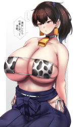 Rule 34 | 1girl, animal print, bell, bikini, blue hakama, blue skirt, breasts, brown eyes, brown hair, chestnut mouth, collar, collarbone, cow print, cowbell, ear tag, earrings, expressionless, eyelashes, eyepatch bikini, hakama, hakama skirt, highres, huge breasts, japanese clothes, japanese text, jewelry, kaga (kancolle), kantai collection, konoshige (ryuun), medium hair, micro bikini, neck bell, panties, print bikini, shiny clothes, shiny skin, side-tie bikini bottom, side-tie panties, side ponytail, simple background, skindentation, skirt, solo, swimsuit, topless male, translated, underboob, underwear, white background, white panties
