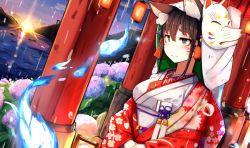 Rule 34 | 1girl, animal ears, blush, breasts, brown eyes, brown hair, closed mouth, commentary, dutch angle, facepaint, fire, floral print, fox ears, fox girl, fox mask, hair between eyes, hanten (clothes), head scarf, japanese clothes, kimono, lantern, large breasts, mask, obi, original, outdoors, paper lantern, plan (planhaplalan), sash, shrine, smile, solo, upper body, white kimono
