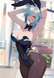 Rule 34 | 1girl, adjusting hair, animal ears, armpits, arms up, artist name, black leotard, black pantyhose, blue hair, blush, bow, bowtie, breasts, cleavage, covered navel, cowboy shot, detached collar, eula (genshin impact), fake animal ears, fake tail, genshin impact, highleg, highleg leotard, highres, indoors, large breasts, leotard, looking at viewer, medium hair, open mouth, pantyhose, playboy bunny, purple eyes, rabbit ears, rabbit tail, sidelocks, solo, strapless, strapless leotard, tail, traditional bowtie, wrist cuffs, xu ni