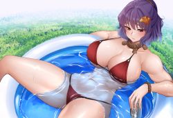 Rule 34 | 1girl, abs, alcohol, beer, bikini, blush, breasts, from above, grass, hair ornament, holding, large breasts, leaf, leaf hair ornament, lying, maple leaf, momendoufu, muscular, muscular female, parted lips, pool, purple hair, red bikini, red eyes, rope, short hair, solo, spread legs, sweat, swimsuit, touhou, water, yasaka kanako