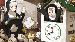Rule 34 | &gt; &lt;, 2girls, ^ ^, arms up, banana, banana peel, bird, book, box, brown eyes, brown hair, character pillow, chicken, clinging, clock, closed eyes, commentary, cowering, diva (hyxpk), duck, duckling, english commentary, food, freckles, froggy nun (diva), fruit, grey hair, habit, highres, house, little nuns (diva), multiple girls, nun, ostrich, peekaboo, plant, potted plant, reading, scared, sculpture, sheep nun (diva), sitting, smile, traditional nun, triangle mouth, waving
