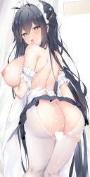 Rule 34 | 1girl, ass, azur lane, bare shoulders, black hair, blush, breasts, censored, from behind, grey eyes, heart, heart-shaped pupils, heart censor, highres, indomitable (azur lane), indomitable (ms. motivationless maid) (azur lane), large breasts, long hair, looking at viewer, looking back, maid headdress, nipples, parted lips, solo, symbol-shaped pupils, thighs, usagi poi, white background, white headwear, white legwear