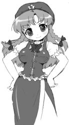 Rule 34 | 1girl, beret, blush, braid, embodiment of scarlet devil, female focus, greyscale, hat, head tilt, hong meiling, long hair, looking at viewer, manji taba, monochrome, puffy short sleeves, puffy sleeves, short sleeves, side slit, simple background, smile, solo, star (symbol), touhou, twin braids, white background