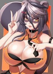 Rule 34 | 1girl, :p, absurdres, animal ears, black hair, bra, breasts, cleavage, collar, grey hair, highres, huge breasts, indie virtual youtuber, multicolored hair, nail polish, necktie, raccoon ears, raccoon girl, raccoon tail, snuffy (vtuber), solo, steve chopz, tail, tongue, tongue out, two-tone hair, unbuttoned, underwear, v, virtual youtuber, yellow eyes