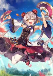 Rule 34 | 1girl, armpits, bare shoulders, beads, blurry, blurry background, blush, breasts, character request, cloud, day, detached sleeves, double bun, dress, fang, grass, grey hair, hair beads, hair between eyes, hair ornament, holding, holding weapon, jumping, looking at viewer, official art, one eye closed, open mouth, outdoors, sangokushi taisen, shugao, sky, slit pupils, small breasts, solo, tongue, twintails, weapon, yellow eyes