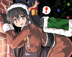 Rule 34 | !, 10s, 1girl, ^^^, antlers, bell, black gloves, black hair, blush, breasts, brown eyes, chikuma (kancolle), fireplace, gloves, hairband, hanging breasts, horns, jingle bell, kantai collection, large breasts, leaning forward, machinery, open mouth, smile, solo, solo focus, spoken exclamation mark, tsuzuri (tuzuri)