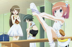 Rule 34 | 00s, 3girls, :d, absurdres, ah-kun, ass, back, bag, bench, bike shorts, blue eyes, blush, bob cut, buttons, child, dress, dressing, dressing room, drooling, embarrassed, feet, flat chest, from behind, green hair, grey hair, gym shorts, hair bobbles, hair ornament, hand on another&#039;s chest, hands on own chest, highres, holding, large buttons, leg lift, locker, locker room, long hair, moetan, multiple girls, nijihara ink, nishio kouhaku, no shoes, official art, open mouth, orange hair, pink hair, remi suzuki, rina tanaka, scan, short hair, shorts, sitting, smile, sock pull, socks, spandex, sports bra, suzuki remi, tanaka rina, twintails, white socks