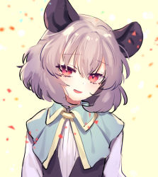 Rule 34 | 1girl, animal ears, blue capelet, capelet, grey hair, jewelry, looking at viewer, mouse ears, nazrin, parted lips, pendant, red eyes, short hair, simple background, solo, tomobe kinuko, touhou, upper body, white background, yellow background