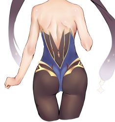 Rule 34 | 1girl, arm at side, artist request, ass, ass focus, backless outfit, bare arms, bare back, bare shoulders, black hair, blue leotard, brown pantyhose, clenched hand, from behind, genshin impact, gold trim, hair ornament, head out of frame, highres, leotard, long hair, mona (genshin impact), pantyhose, shiny clothes, shiny skin, solo, standing, strapless, strapless leotard, twintails, very long hair, white background