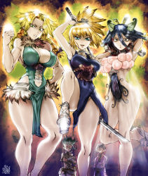 Rule 34 | 2boys, 3girls, asagiri gen, black hair, blonde hair, blue dress, blue eyes, braid, breasts, choker, cleavage, clenched hand, commentary, covered erect nipples, covered navel, dr. stone, dress, dual wielding, english commentary, green dress, green eyes, grin, hanada nikki, highres, hip vent, holding, horns, impossible clothes, impossible dress, ishigami senkuu, kirisame (dr. stone), kohaku (dr. stone), large breasts, leg up, lips, looking at viewer, multiple boys, multiple girls, narrow waist, pelvic curtain, platform clogs, short sword, small breasts, smile, sword, the golden smurf, thighs, twin braids, weapon