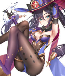 Rule 34 | 1girl, armpits, arms up, ass, black gloves, black hair, blue eyes, blurry, breasts, brown pantyhose, cape, depth of field, detached sleeves, earrings, fine fabric emphasis, genshin impact, gloves, gold trim, hat, hattori masaki, highleg, highleg leotard, highres, jewelry, knees up, leotard, long hair, long sleeves, looking at viewer, mona (genshin impact), pantyhose, sidelocks, simple background, small breasts, solo, strapless, strapless leotard, twintails, water, white background, witch hat