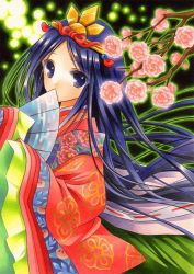 Rule 34 | 1girl, bad id, bad pixiv id, covering own mouth, flower, folding fan, hair ornament, hand fan, japanese clothes, kimono, kingin shishou, layered clothes, layered kimono, long hair, looking at viewer, marker (medium), original, purple eyes, purple hair, solo, traditional media