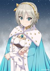 Rule 34 | 1girl, anastasia (fate), anastasia (fate) (cosplay), anastasia (idolmaster), aqua cape, blue eyes, breasts, cape, cleavage, closed mouth, commentary request, cosplay, dress, fate/grand order, fate (series), hair ornament, idolmaster, idolmaster cinderella girls, inoshira, jewelry, long dress, long sleeves, looking at viewer, medium breasts, name connection, necklace, pendant, short hair, silver hair, smile, snow, solo, standing, twitter username, white dress
