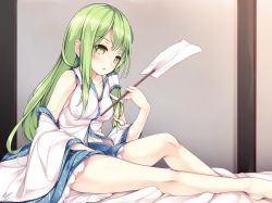 Rule 34 | 1girl, bad id, bad twitter id, bare legs, bare shoulders, barefoot, blue skirt, blush, breasts, collarbone, collared shirt, detached sleeves, frilled skirt, frills, frog hair ornament, from side, gohei, green eyes, green hair, hair ornament, hair tubes, highres, kochiya sanae, long hair, looking at viewer, looking to the side, maremay0513, medium breasts, midriff peek, navel, nontraditional miko, parted lips, shirt, sidelocks, sitting, skirt, sleeveless, sleeveless shirt, snake hair ornament, solo, touhou, white shirt, wide sleeves